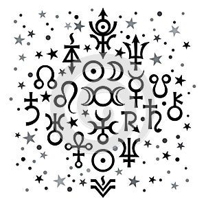 Astrological set â„–20 (astrological signs and occult mystical symbols), celestial pattern background.