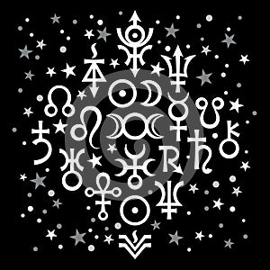 Astrological set â„–20 (astrological signs and occult mystical symbols), celestial pattern with stars.