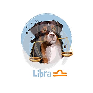 Digital art illustration of astrological sign Libra. 2018 year of dog. Seventh of twelve zodiac signs. Horoscope air element. Logo