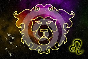 The astrological sign of the zodiac is Leo, against the background of outer space. Illustration