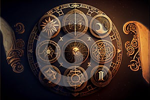 Astrological signs on the antique clock Torre dellOrologio, Medieval wheel of the zodiac and constellations. Golden photo