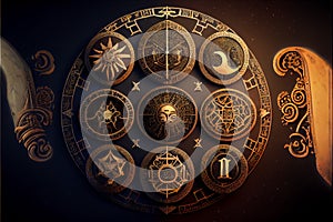 Astrological signs on the antique clock Torre dellOrologio, Medieval wheel of the zodiac and constellations. Golden