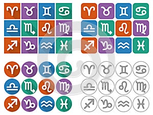 Astrological signs of the zodiac. Flat UI square icons with long shadow.