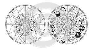 Astrological wheel with zodiac signs, hand drawn signs, symbols and constellations, beautiful star chart blanks, vintage
