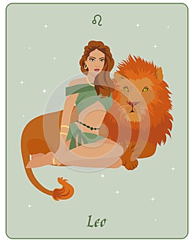 Astrological zodiac sign Leo, a beautiful magical woman with a lion on a gentle background with stars. Poster