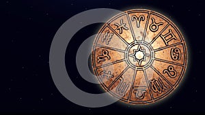 Astrological zodiac signs inside of copper horoscope circle