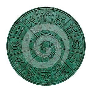 Astrological zodiac signs inside of green marble horoscope circle