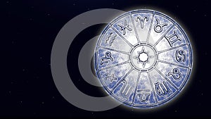 Astrological zodiac signs inside of silver horoscope circle