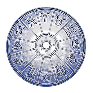 Astrological zodiac signs inside of silver horoscope circle