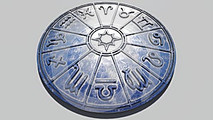 Astrological zodiac signs inside of silver horoscope circle