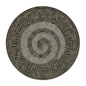 Astrological zodiac signs inside of stone horoscope circle