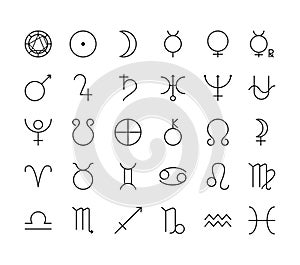 Astrology and alchemical flat line icon set. Vector illustration zodiac signs and planet symbols. Editable strokes