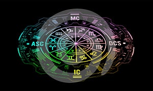 Astrology background. Example of the natal chart the planets in the houses and aspects between them