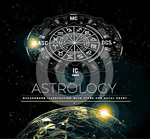 Astrology background. Example of the natal chart the planets in the houses and aspects between them. Earth Planet