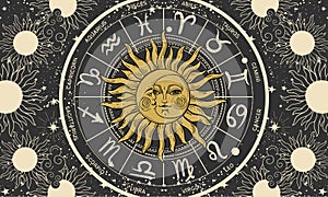 Astrology banner with sun, moon and zodiac signs, mystical tarot card on black background, horoscope background, magic