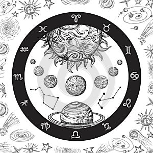 Astrology concept with planets. Hand drawn universe, planetary system and zodiac constellations. Line art vintage vector