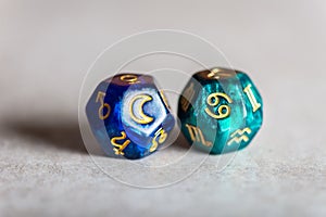 Astrology Dice with zodiac symbol of Cancer and its ruling celestial body the Moon