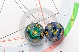 Astrology Dice with zodiac symbol of Pisces Feb 19 - Mar 20 and its ruling planet Neptune