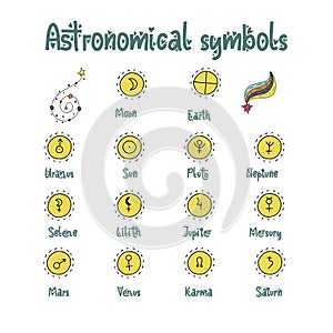 Astrology doodle symbols. Set of astrological graphic design elements.
