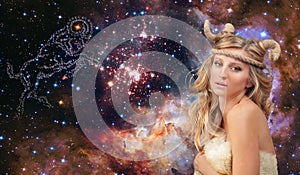 Astrology and horoscope. Aries Zodiac Sign, beautiful woman Aries on the galaxy background