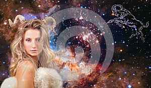 Astrology and horoscope. Aries Zodiac Sign, beautiful woman Aries on the galaxy background