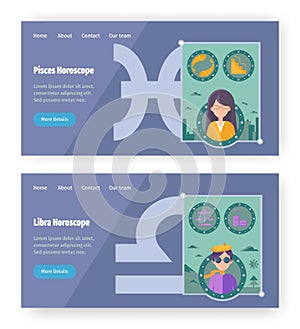 Astrology horoscope concept illustration. Zodiac symbol and signs, libra, pisces. Vector web site design template