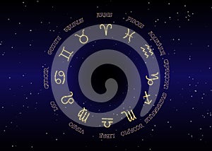 Astrology and horoscope - gold signs of zodiac over night