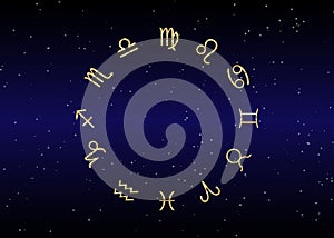 Astrology and horoscope - gold signs of zodiac over night sky and stars dark night sky background , illustration