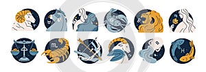 Astrology horoscope icons, symbols set. Zodiac signs, constellations, characters. Cancer, Gemini, Aries and Libra. 12