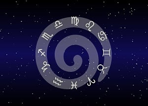 Astrology and horoscope - signs of zodiac over night sky and stars dark night sky background , illustration