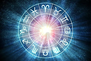 Astrology and horoscopes concept. Zodiac signs in circle. 3D rendered illustration