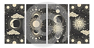 Astrology and mysticism celestial poster set, sun and moon, mystical tarot cards, flat engraving illustrations, line