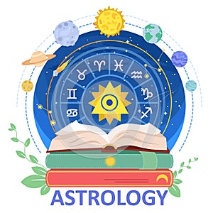 Astrology science poster with zodiac circle on stack of book