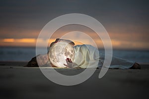 Astrology. Secret and riddle. Beautiful attractive girl on a night beach with sand hugs the moon, art photo