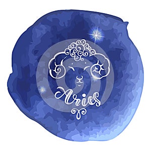 Astrology sign on blue watercolor background with modern letteri