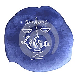 Astrology sign on blue watercolor background with modern letteri