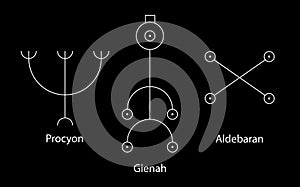 Astrology Stars, PROCYON or Canis Minor, GIENAH or Corvus, ALDEBARAN or Oculus Tauri. Set Hieroglyphic sign, hermetic kabbalistic photo