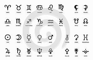 astrology symbol set. zodiac signs, planet, asteroid and lunar symbols. horoscope and astronomy icons. vector images