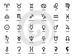 astrology symbol set. zodiac signs, planet and asteroid symbols. astronomy and horoscope icon