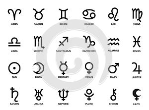 astrology symbol set. zodiac signs and planet symbols. astronomy and horoscope sign