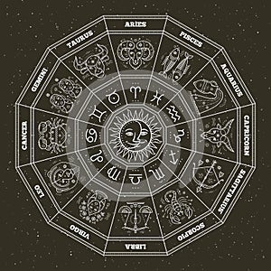 Astrology symbols and mystic signs. Zodiac circle with horoscope signs