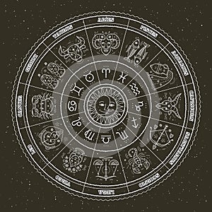 Astrology symbols and mystic signs. Zodiac circle with horoscope signs. Thin line vector design.