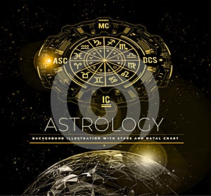 Astrology vector background. Example of the natal chart the planets in the houses and aspects between them. Earth Planet