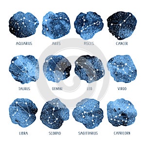 Astrology watercolor set of zodiac sings and stars on white background. Horoscope icons collection