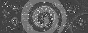 Astrology wheel with zodiac signs on constellation map background. Realistic illustration of  zodiac signs. Horoscope