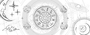 Astrology wheel with zodiac signs on outer space background. Four elements. Star map. Horoscope vector illustration