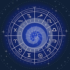 Astrology wheel with zodiac signs and sun in center on blue galaxy background