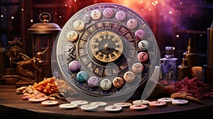 Astrology zodiac signs circle on abstract background for fortune telling and predictions concept