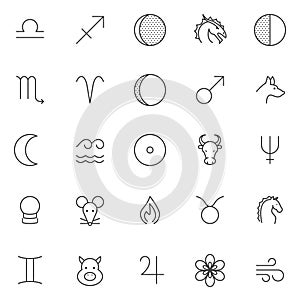 Astrology and zodiac signs outline icons set