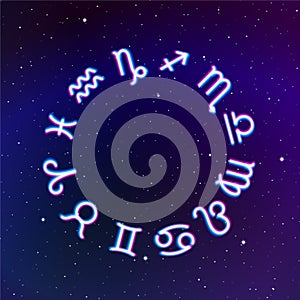 Astrology Zodiac signs wheel with twelve neon symbols in space